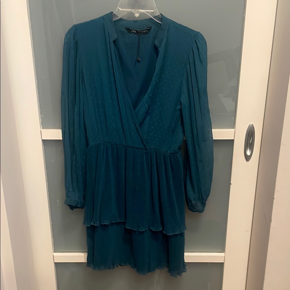 Zara Teal Green Textured V-Neck Dress
